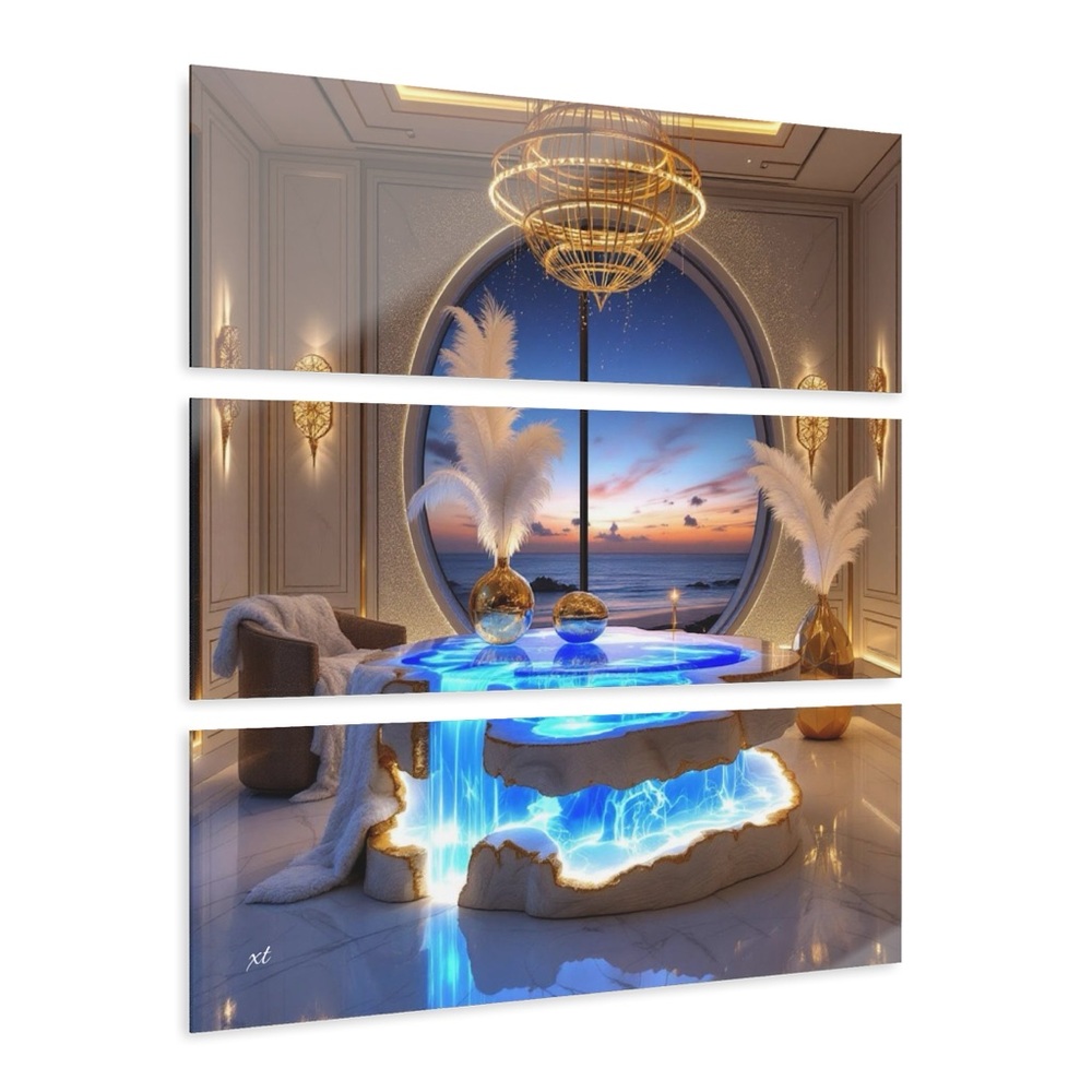 Luxurious Waterfall Table Fantasy Acrylic Wall Art — Coastal Spa Sunset Scene